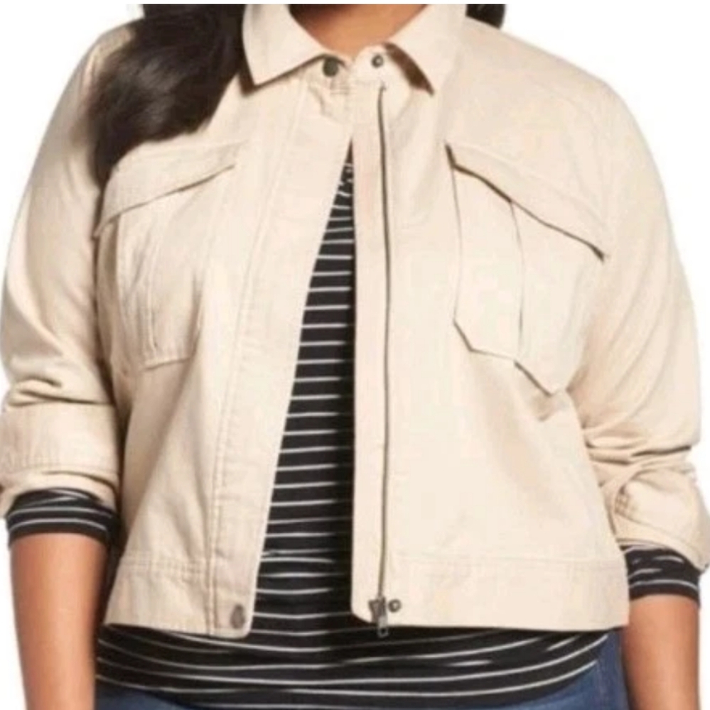 Sejour Oxford Utility Jacket Twill Khaki Full Zip Preppy Oversized Xl/16W New